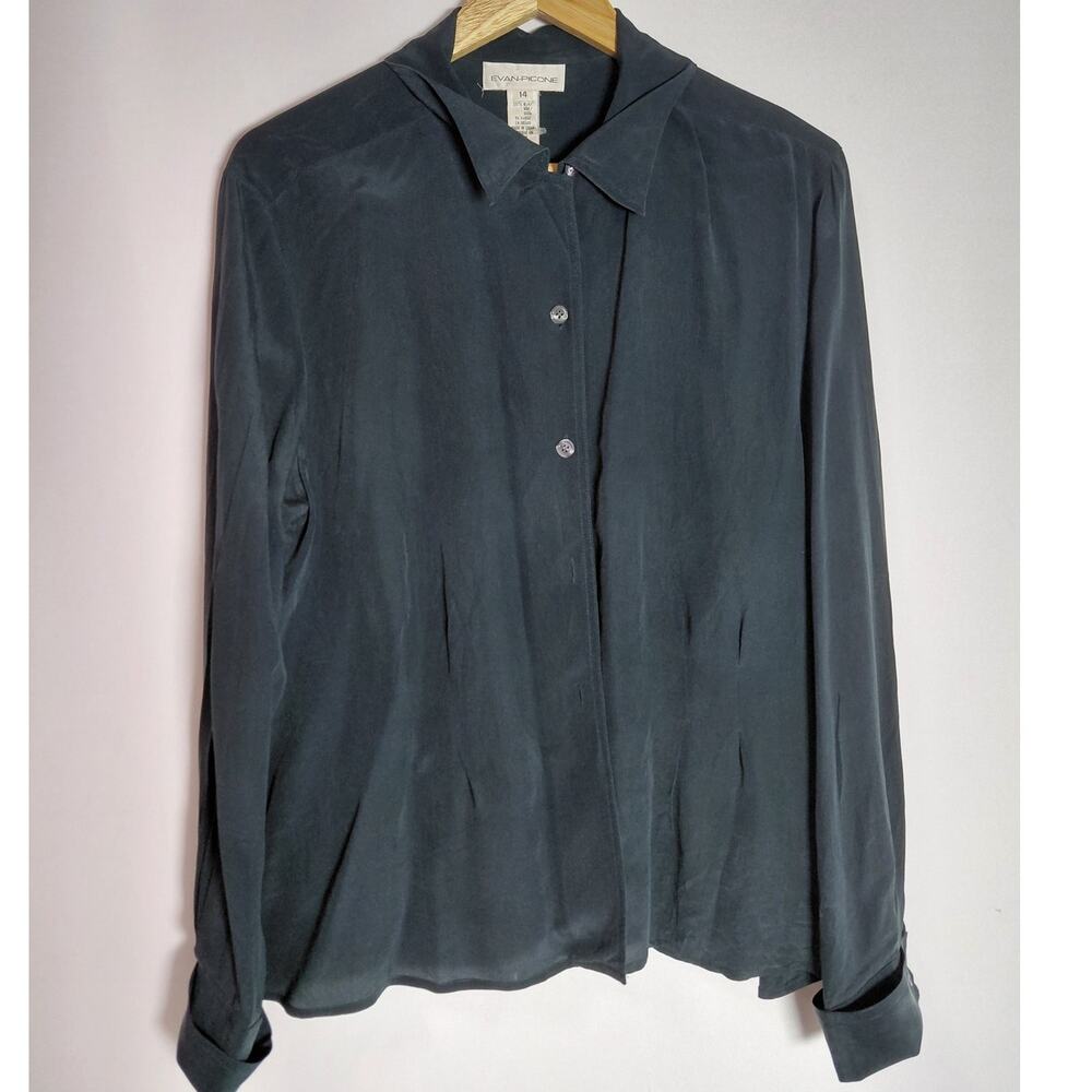 Evan-Picone Blouse Gray Solid Long Sleeve 100% Silk Women Size 14